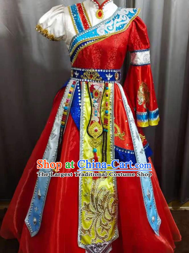 China Ethnic Girl Folk Dance Costumes Zang Minority Festival Red Dress Uniforms Tibetan Nationality Children Performance Apparels