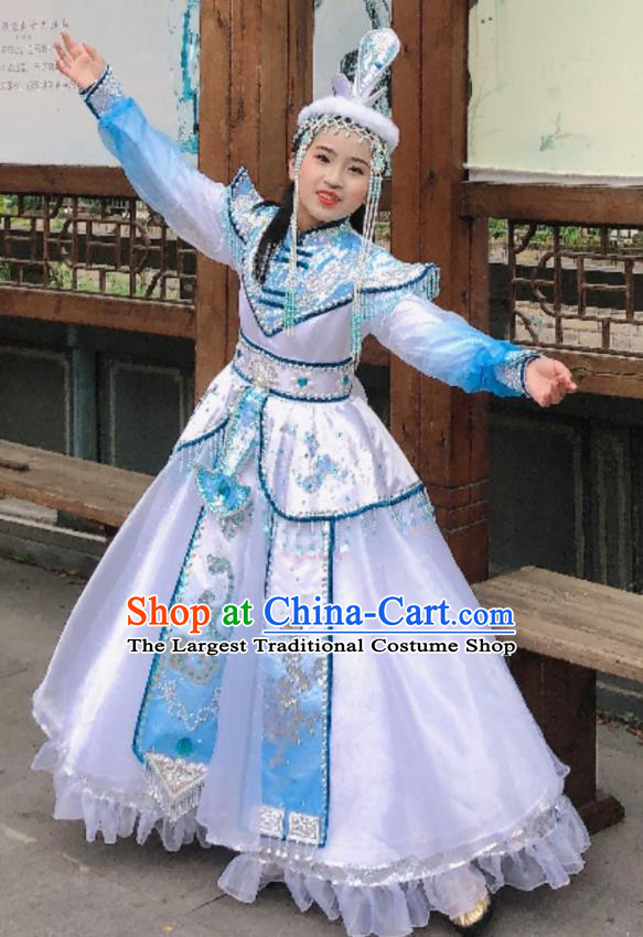 China Mongolian Nationality Children Performance Apparels Ethnic Girl Folk Dance Costumes Mongol Minority Festival White Dress Uniforms