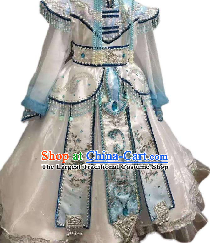 China Mongolian Nationality Children Performance Apparels Ethnic Girl Folk Dance Costumes Mongol Minority Festival White Dress Uniforms