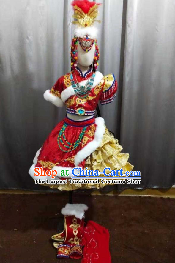 China Zang Minority Festival Short Dress Uniforms Tibetan Nationality Children Performance Apparels Xizang Ethnic Girl Folk Dance Costumes