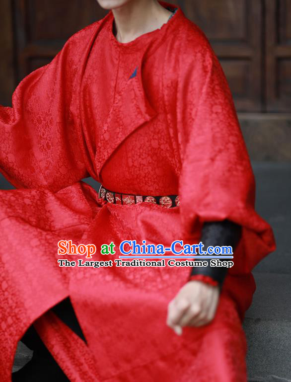 China Ancient Swordsman Garment Costume Traditional Hanfu Red Robe Tang Dynasty Young Hero Historical Clothing