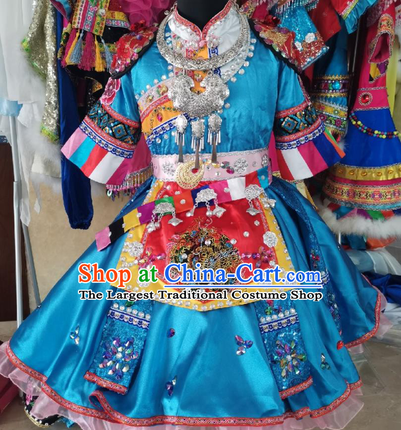 China Lisu Minority Children Blue Dress Uniforms Pumi Nationality Girl Performance Apparels Ethnic Folk Dance Costumes