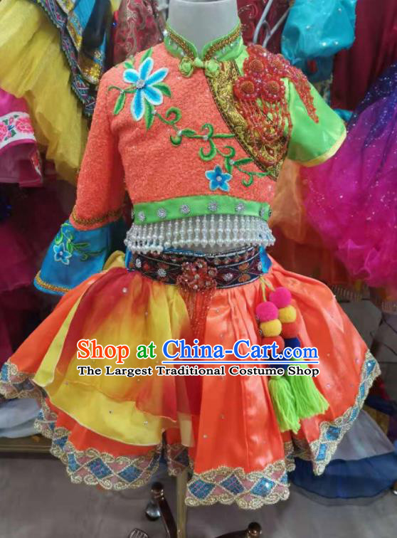 China Tujia Nationality Girl Performance Apparels Ethnic Folk Dance Costumes Pumi Minority Children Red Dress Uniforms