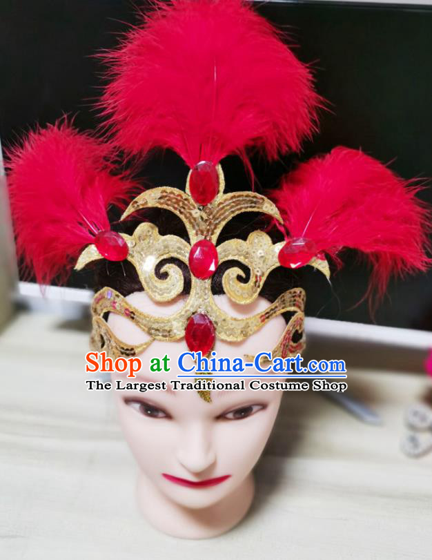 Chinese Stage Performance Headdress Classical Dance Hair Accessories Opening Dance Hair Crown Woman Dance Red Feather Headpiece