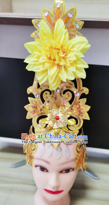 Chinese Opening Dance Yellow Peony Hair Crown Woman Group Dance Hair Accessories Stage Performance Headdress Modern Dance Headpiece