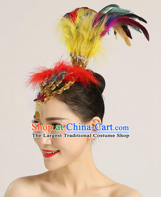 Chinese Folk Dance Headwear Yangko Dance Feather Hair Crown Woman Group Dance Hair Accessories Stage Performance Headpiece