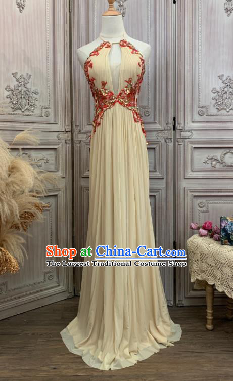 Top European Vintage Garment Costume Annual Meeting Formal Attire Wedding Beige Full Dress Waltz Dance Embroidery Sequins Clothing