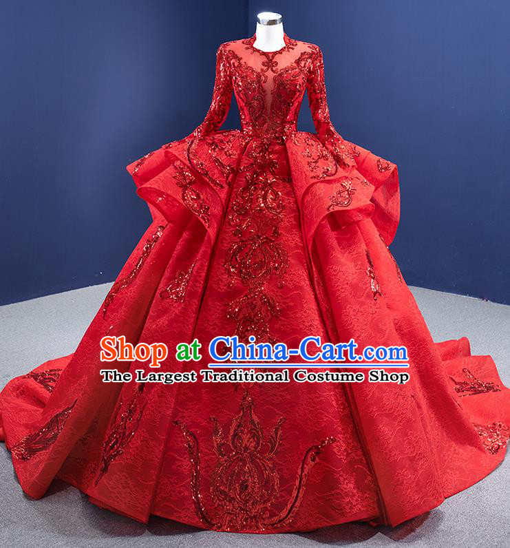 Custom Stage Show Costume Luxury Bridal Gown Embroidery Sequins Wedding Dress Ceremony Formal Garment Bride Red Trailing Dress