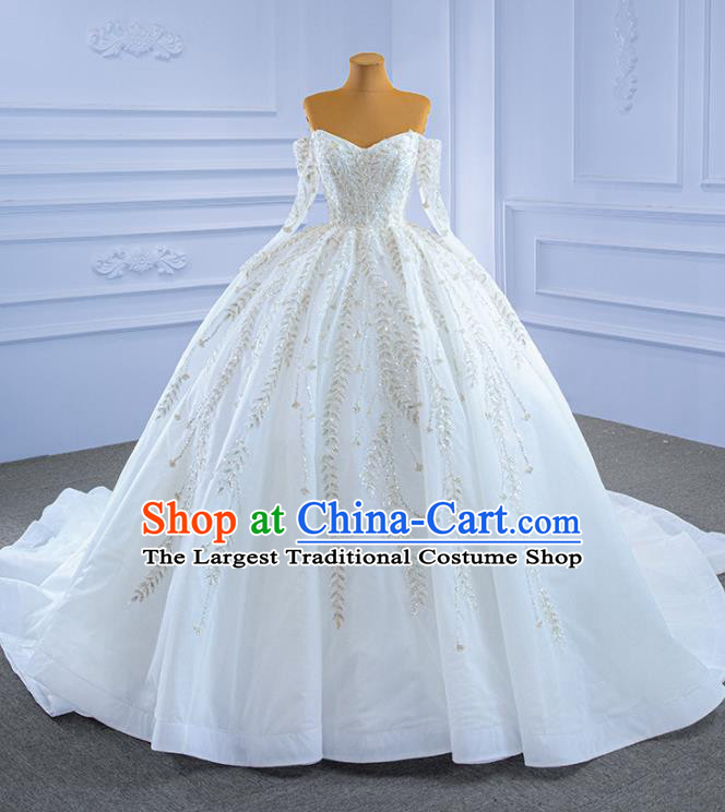 Custom Ceremony Formal Garment Bride White Trailing Dress Stage Show Costume Luxury Bridal Gown Embroidery Sequins Wedding Dress