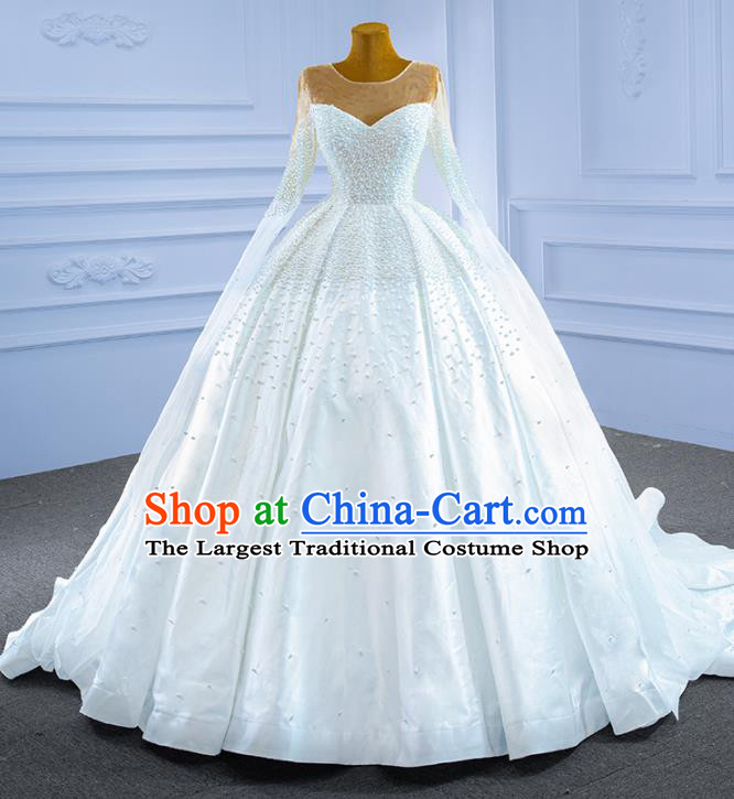 Custom Luxury Compere Clothing Vintage White Trailing Wedding Dress Ceremony Formal Garment Bride Embroidery Pearls Full Dress Stage Show Costume