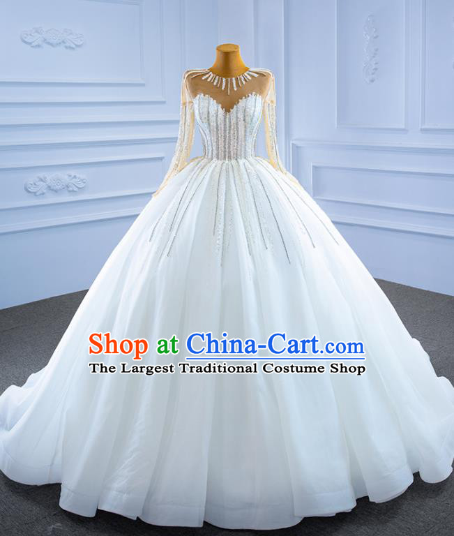 Custom Catwalks Costume Compere Stage Clothing Luxury White Trailing Wedding Dress Marriage Ceremony Formal Garment Bride Vintage Embroidery Sequins Full Dress