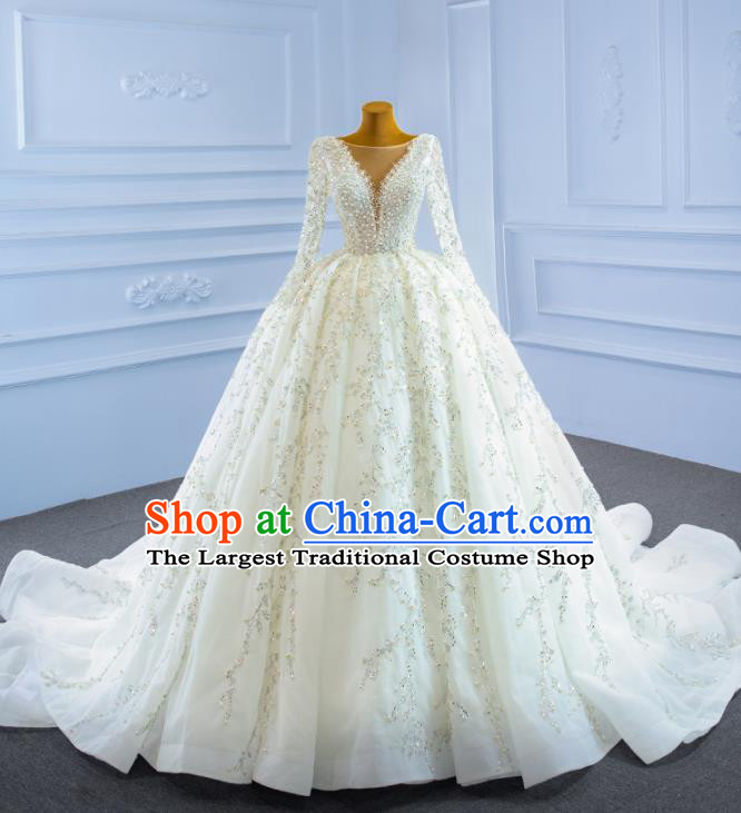 Custom Marriage Bride Trailing Full Dress Catwalks Formal Costume Compere Vintage Clothing Luxury Embroidery Pearls Wedding Dress Ceremony Garment