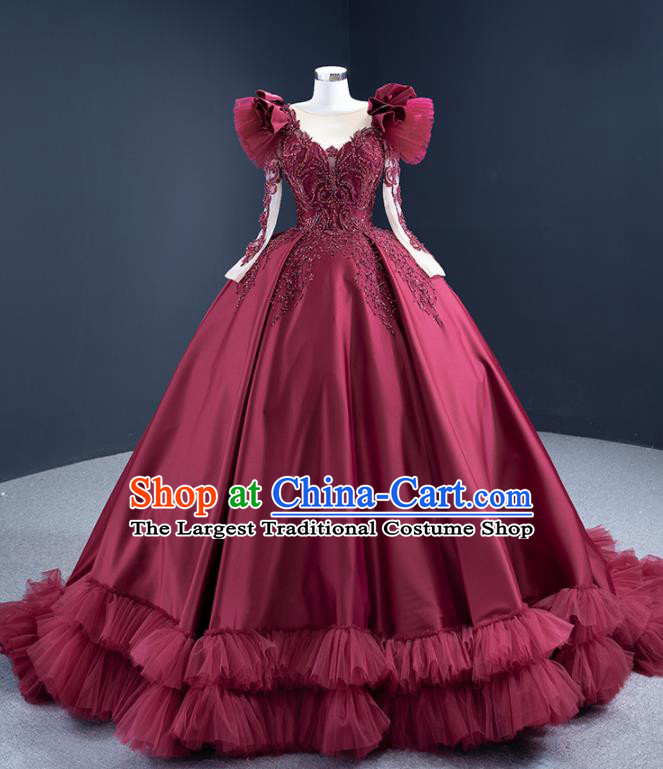 Custom Luxury Wedding Dress Ceremony Embroidery Sequins Garment Marriage Bride Wine Red Trailing Full Dress Catwalks Formal Costume Compere Vintage Clothing