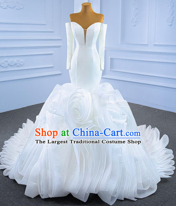Custom Vintage Luxury White Flowers Trailing Wedding Dress Marriage Ceremony Formal Garment Bride Fishtail Full Dress Catwalks Costume Compere Stage Clothing
