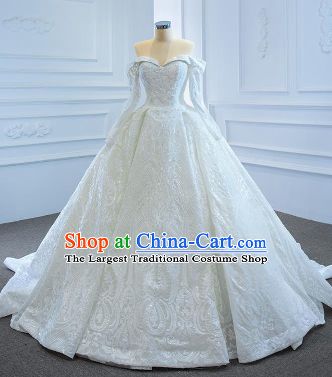 Custom Ceremony Compere Clothing Luxury Trailing Wedding Dress Vintage Formal Garment Bride Embroidery Flat Shouders Full Dress Catwalks Princess Costume