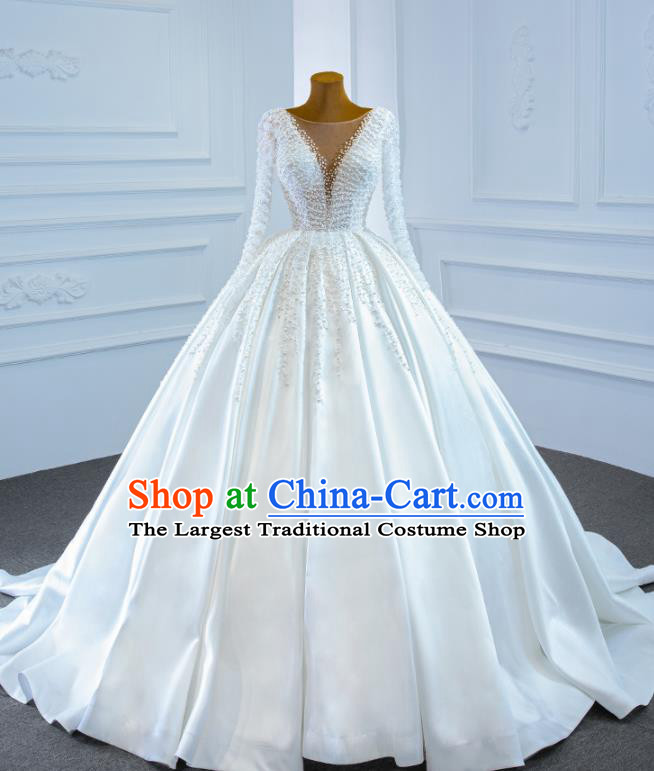 Custom Embroidery Pearls Full Dress Catwalks Princess Costume Ceremony Bride Clothing Vintage Wedding Dress Luxury Trailing Formal Garment