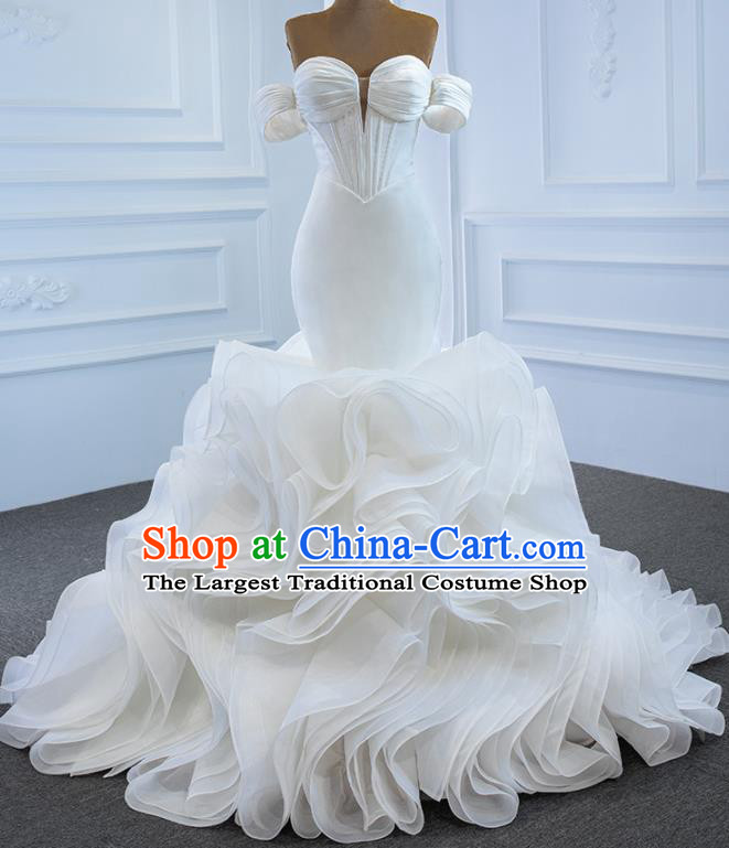 Custom Marriage Bride Clothing Vintage Flowers Fishtail Wedding Dress Luxury Formal Garment Compere White Full Dress Catwalks Princess Costume