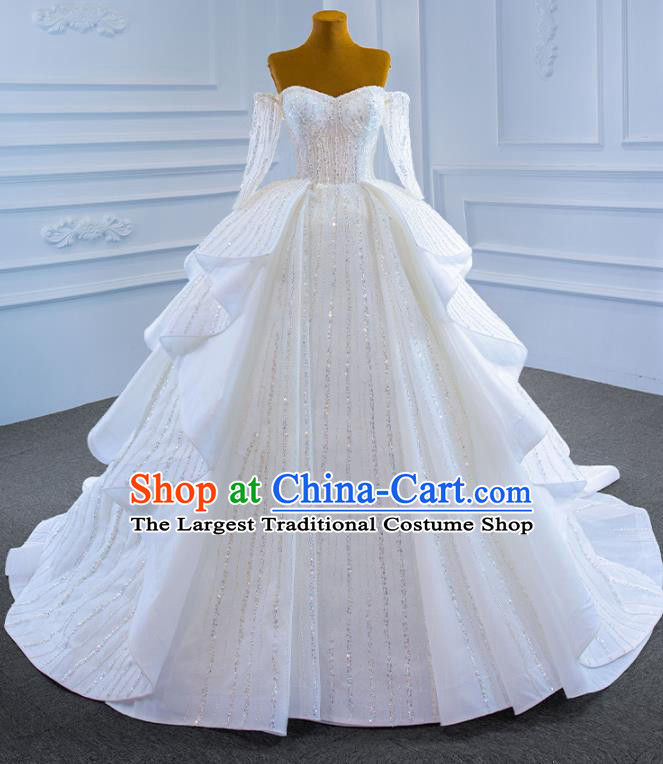 Custom Compere Embroidery Sequins Garment Marriage Bride White Trailing Full Dress Catwalks Formal Costume Ceremony Vintage Clothing Luxury Wedding Dress