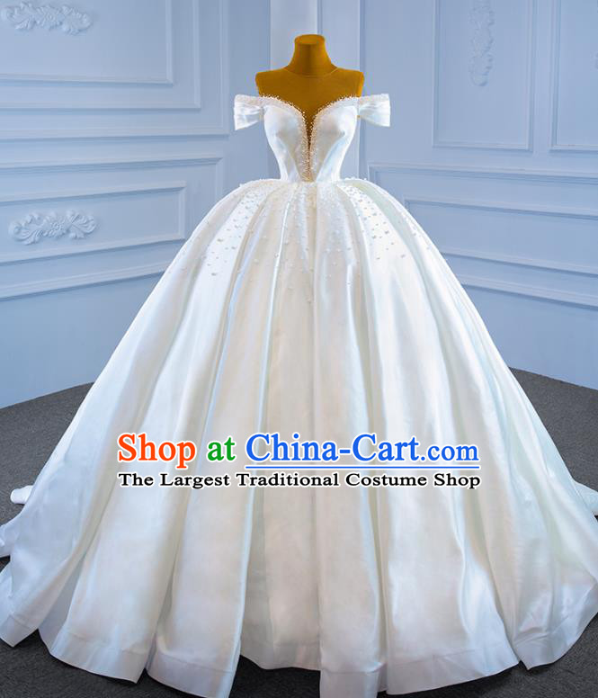 Custom Luxury Trailing Wedding Dress Compere Embroidery Pearls Garment Marriage Bride White Satin Full Dress Catwalks Formal Costume Ceremony Vintage Clothing