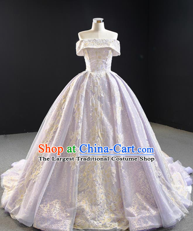 Custom Vintage Embroidery Lace Wedding Dress Marriage Formal Garment Compere Luxury Lilac Trailing Full Dress Catwalks Princess Costume Bride Clothing
