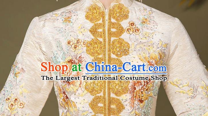 China Embroidery Bottom Drawer Clothing Wedding Garment Costumes Bride Beige Dress Outfits Traditional Xiuhe Suits