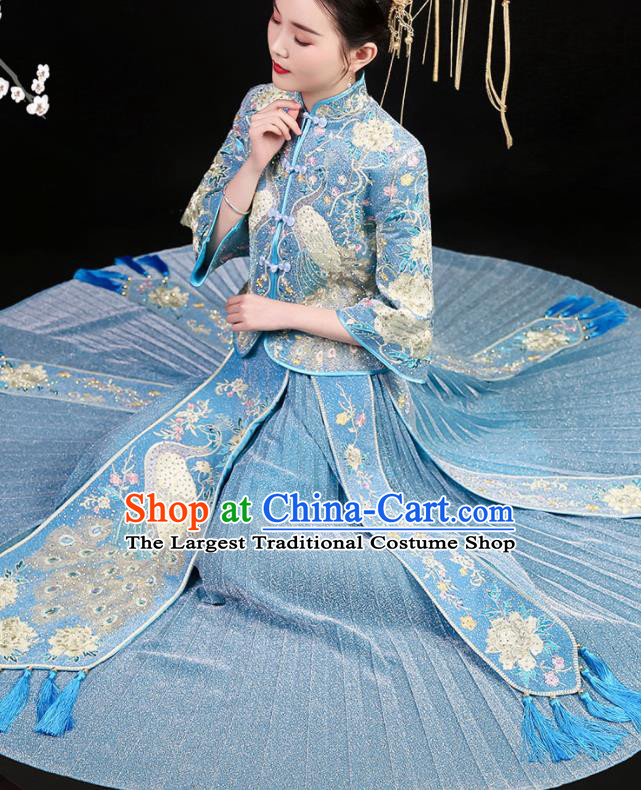 China Bride Blue Dress Outfits Traditional Xiuhe Suits Embroidery Bottom Drawer Clothing Wedding Garment Costumes