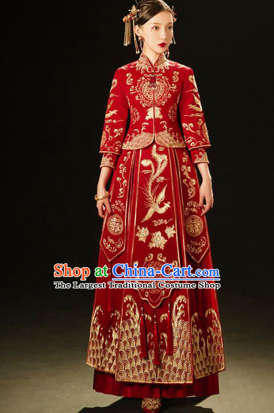 China Embroidery Bridal Attire Clothing Wedding Garment Costumes Bride Toasting Red Dress Outfits Traditional Xiuhe Suits