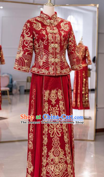 China Bride Toasting Red Dress Outfits Traditional Diamante Xiuhe Suits Embroidery Bridal Attire Clothing Wedding Garment Costumes