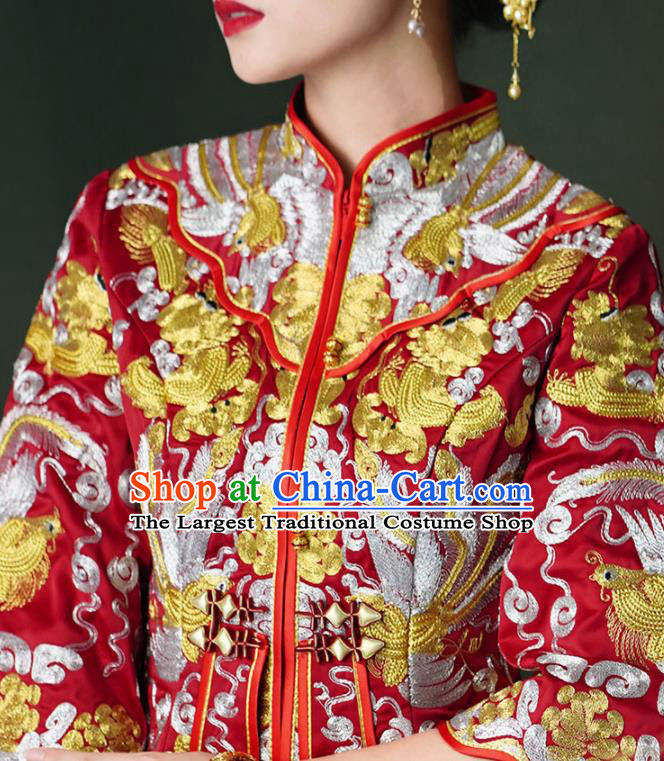 China Embroidery Dragon Phoenix Bridal Attire Clothing Wedding Garment Costumes Bride Toasting Dress Outfits Traditional Red Xiuhe Suits
