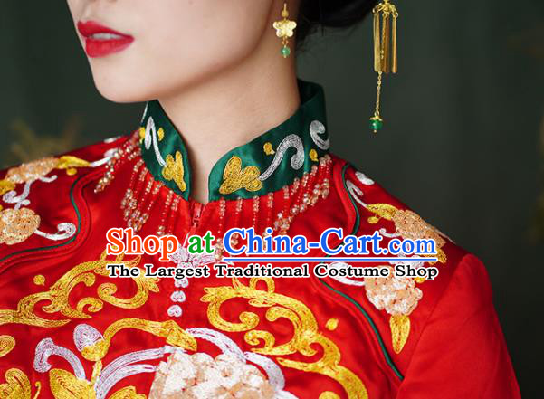 China Bride Dress Outfits Traditional Red Xiuhe Suits Embroidery Dragon Phoenix Bridal Attire Clothing Wedding Toasting Garment Costumes
