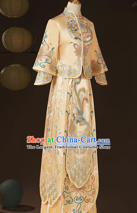 China Wedding Diamante Garment Costumes Bride Dress Outfits Traditional Champagne Xiuhe Suits Embroidery Bridal Attire Clothing