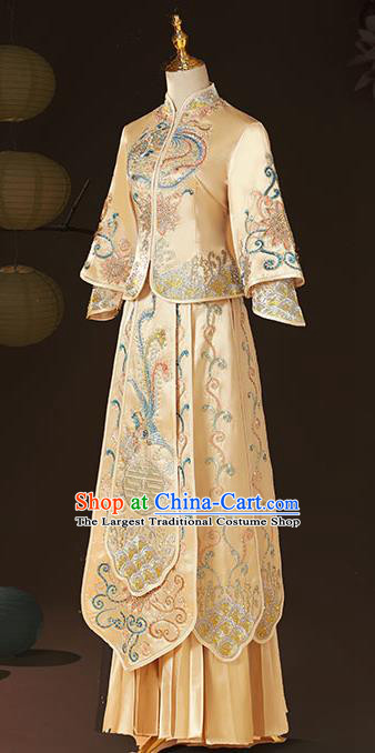 China Wedding Diamante Garment Costumes Bride Dress Outfits Traditional Champagne Xiuhe Suits Embroidery Bridal Attire Clothing