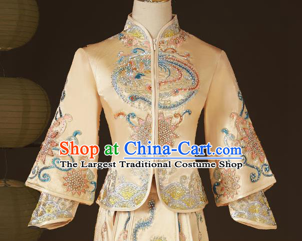 China Wedding Diamante Garment Costumes Bride Dress Outfits Traditional Champagne Xiuhe Suits Embroidery Bridal Attire Clothing