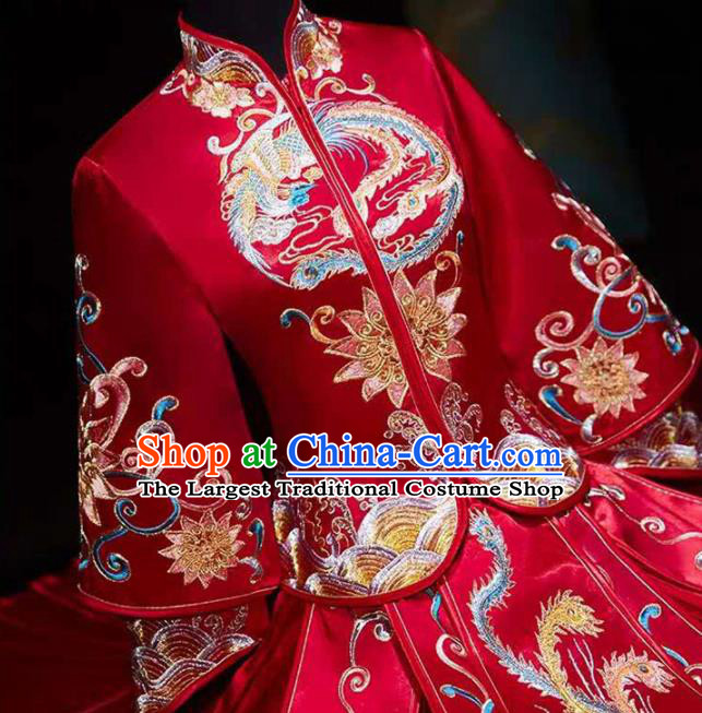 China Embroidery Phoenix Bridal Attire Clothing Wedding Garment Costumes Bride Dress Outfits Traditional Red Xiuhe Suits
