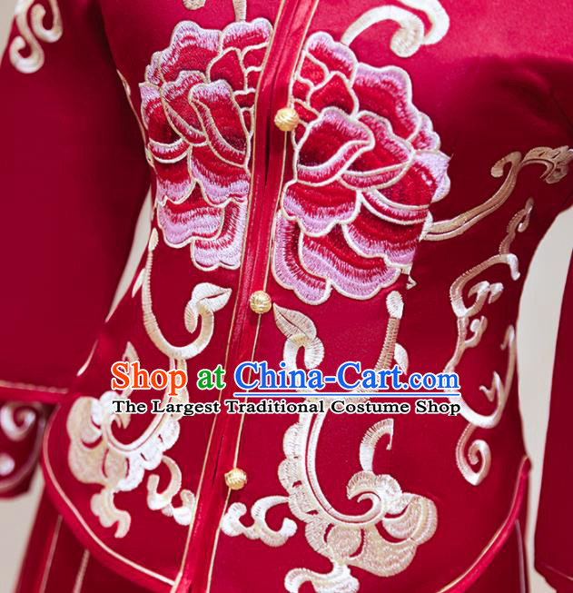China Traditional Red Xiuhe Suits Embroidery Peony Bridal Attire Clothing Wedding Garment Costumes Bride Dress Outfits