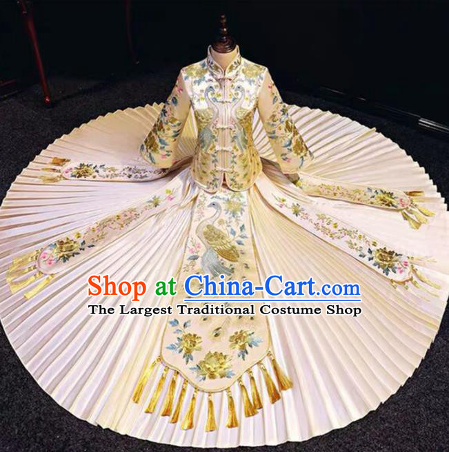 China Ancient Bride Attire Clothing Wedding Garment Costumes Champagne Dress Outfits Traditional Embroidery Xiuhe Suits