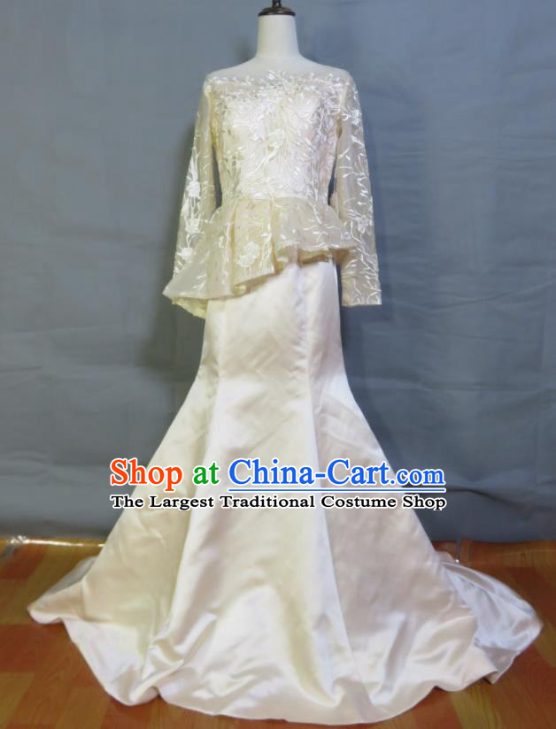 Custom Photography Clothing Beige Satin Wedding Dress Modern Dance Fashion Costume Bride Trailing Full Dress