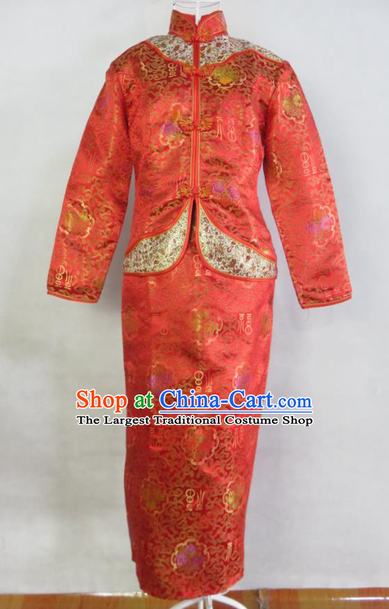 China Ancient Toasting Clothing Bride Dress Traditional Wedding Garment Costumes Classical Cheongsam Red Brocade Xiuhe Suits