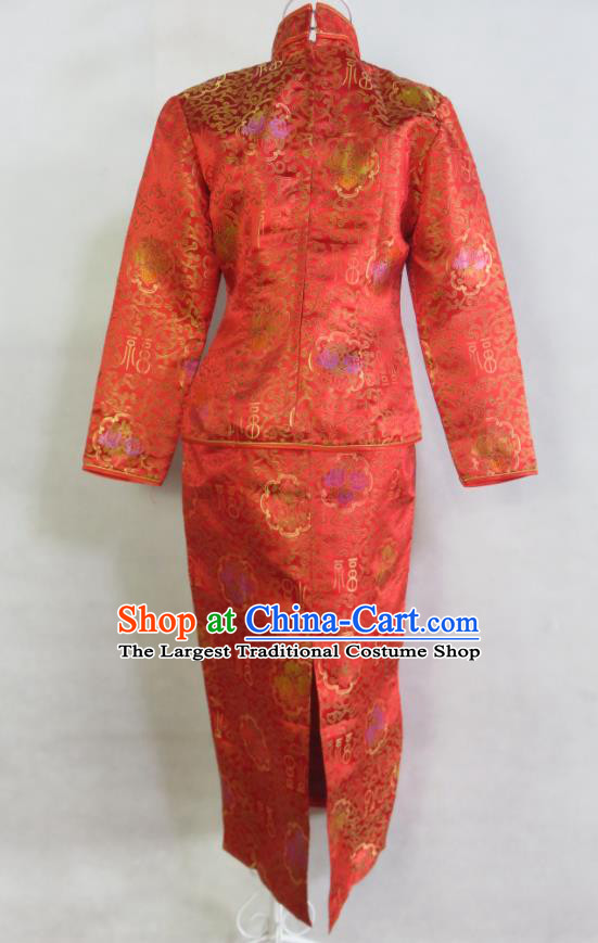 China Ancient Toasting Clothing Bride Dress Traditional Wedding Garment Costumes Classical Cheongsam Red Brocade Xiuhe Suits