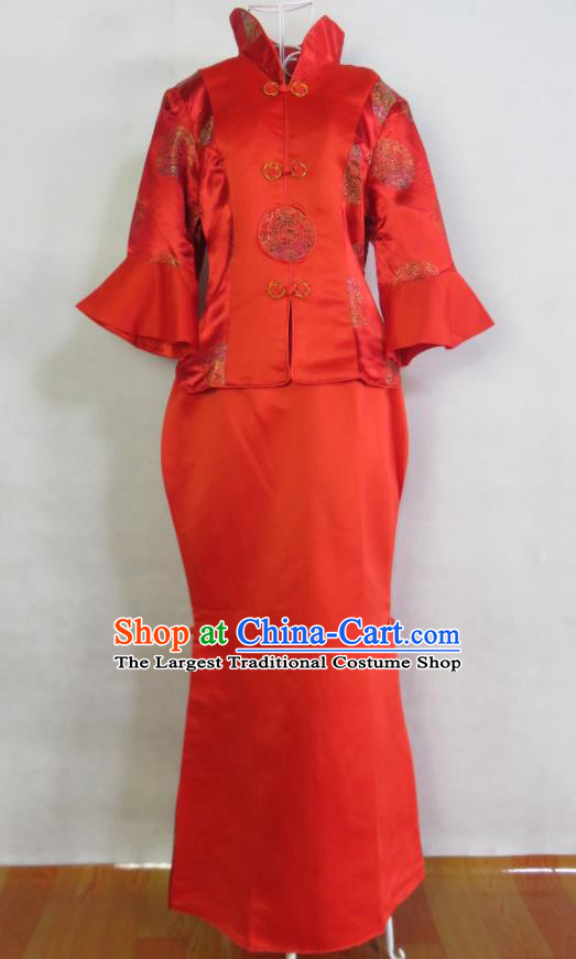 China Red Satin Xiuhe Suits Ancient Toasting Clothing Bride Dress Traditional Wedding Garment Costumes Classical Cheongsam