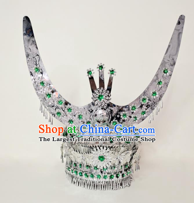 Chinese Miao Nationality Stage Performance Hat Dong Minority Woman Silver Headdress Ethnic Bride Wedding Headwear