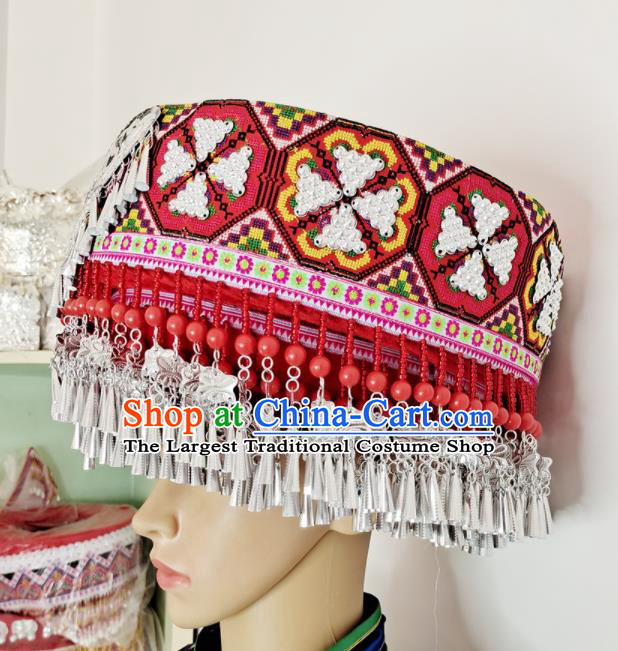 Chinese Yao Nationality Stage Performance Red Hat Tujia Minority Woman Wedding Headdress Yunnan Ethnic Bride Headwear