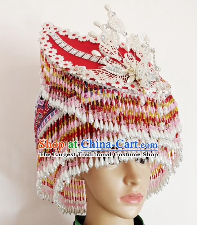 Chinese Yunnan Ethnic Bride Tassel Headwear Miao Nationality Stage Performance Red Hat Hmong Minority Woman Wedding Headdress