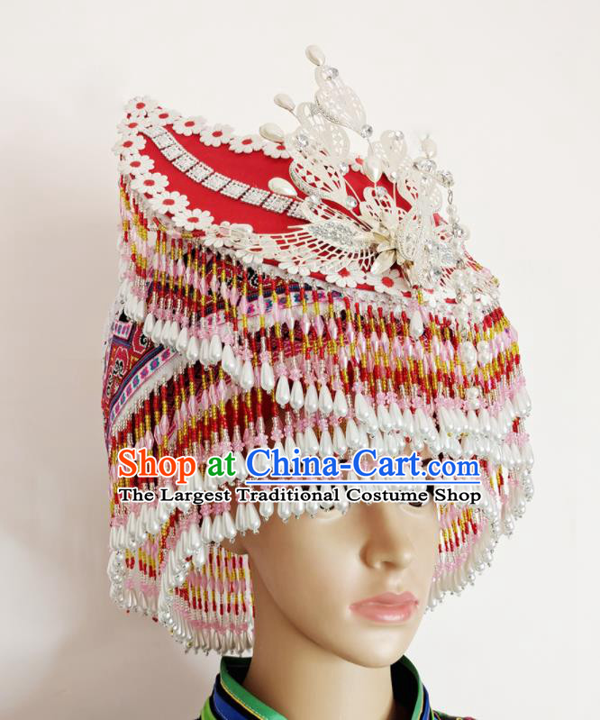 Chinese Yunnan Ethnic Bride Tassel Headwear Miao Nationality Stage Performance Red Hat Hmong Minority Woman Wedding Headdress