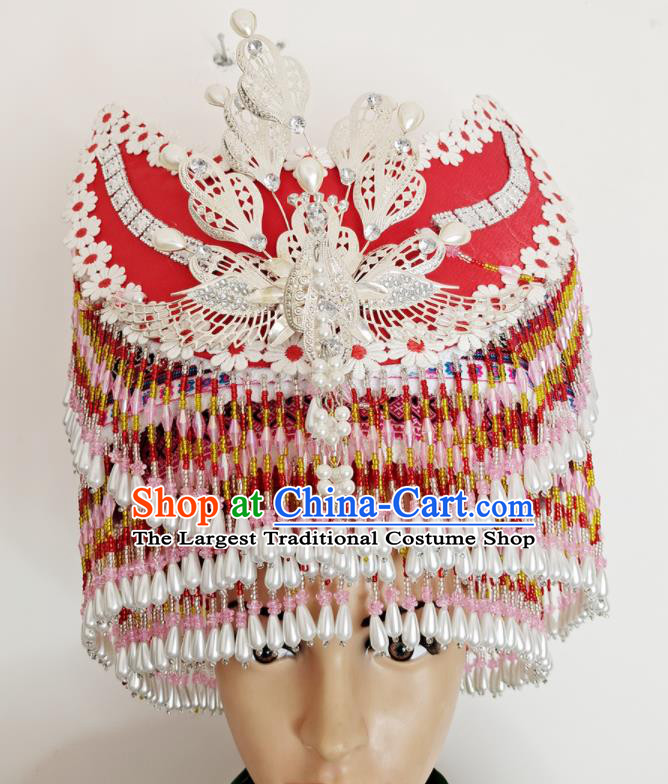 Chinese Yunnan Ethnic Bride Tassel Headwear Miao Nationality Stage Performance Red Hat Hmong Minority Woman Wedding Headdress