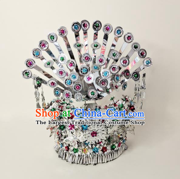 Chinese Miao Nationality Stage Performance Silver Hat Hmong Minority Woman Folk Dance Headdress Yunnan Ethnic Hair Crown Hair Accessories