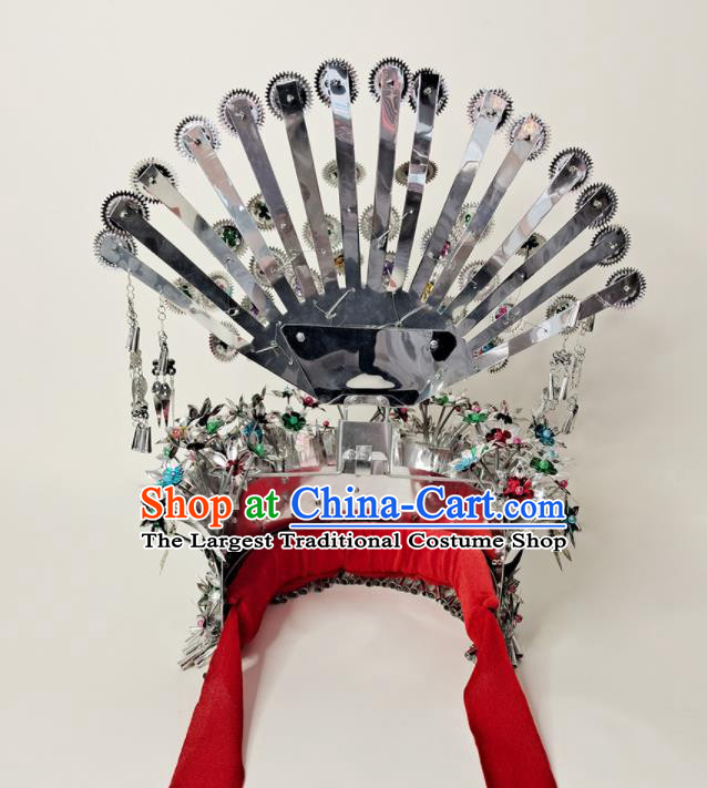 Chinese Miao Nationality Stage Performance Silver Hat Hmong Minority Woman Folk Dance Headdress Yunnan Ethnic Hair Crown Hair Accessories