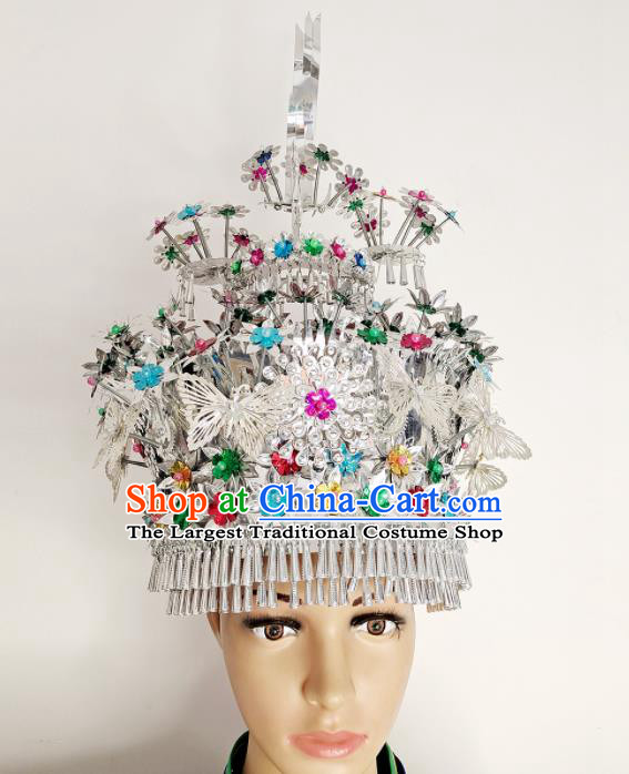 Chinese Yunnan Ethnic Phoenix Coronet Hair Accessories Miao Nationality Stage Performance Silver Hat Hmong Minority Folk Dance Headdress