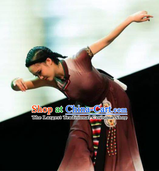 Chinese Zang Nationality Woman Dance Clothing Traditional Ethnic Stage Performance Brown Dress Outfits Tibetan Minority Dance Apparels