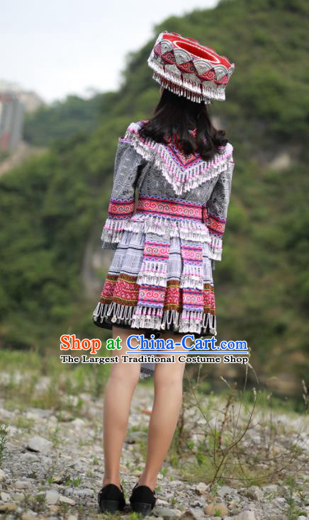 China Hmong Ethnic Dance Grey Dress Outfits Traditional Yunnan Minority Garment Costumes Miao Nationality Woman Clothing Photography Clothing